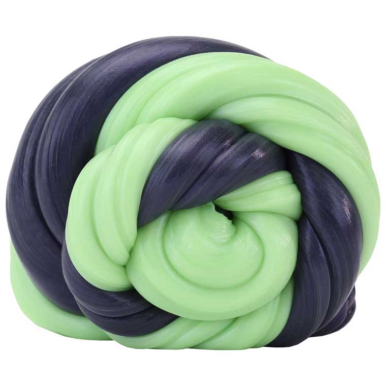 Purple and green color changing putty rolled into a ball.
