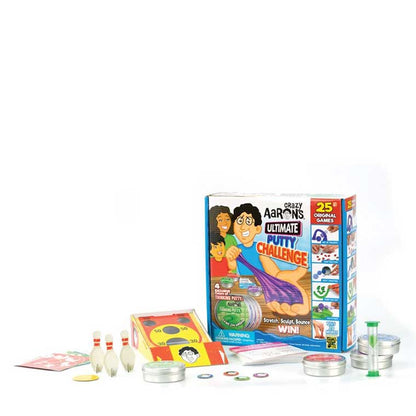 Ultimate Putty Challenge game box on a table with, putty tins, timer, game cards and pieces.